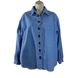 Koret City Blues Womens Blue Cotton Chambray Shirt Gold Heart Buttons Medium